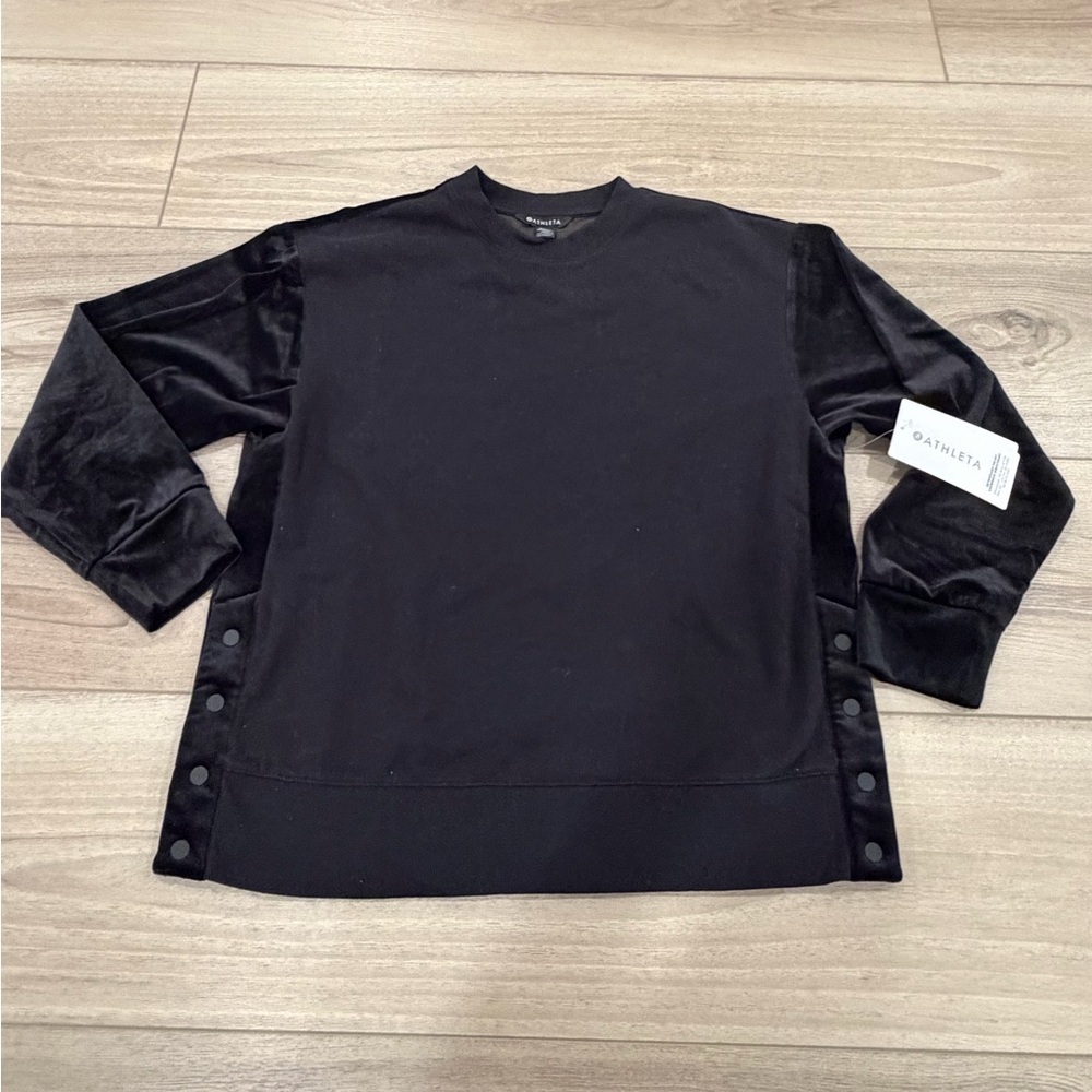 NEW Athleta Retroplush Velvet Crewneck Black Velour Button Details Size M $99